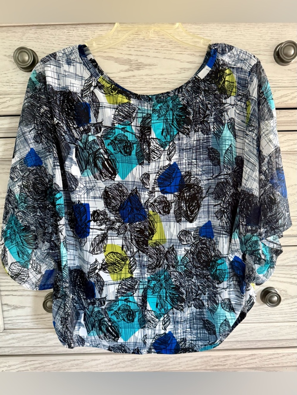 New Directions Teal Blue Floral Print 3/4 Sleeve Blouse Top [Large]